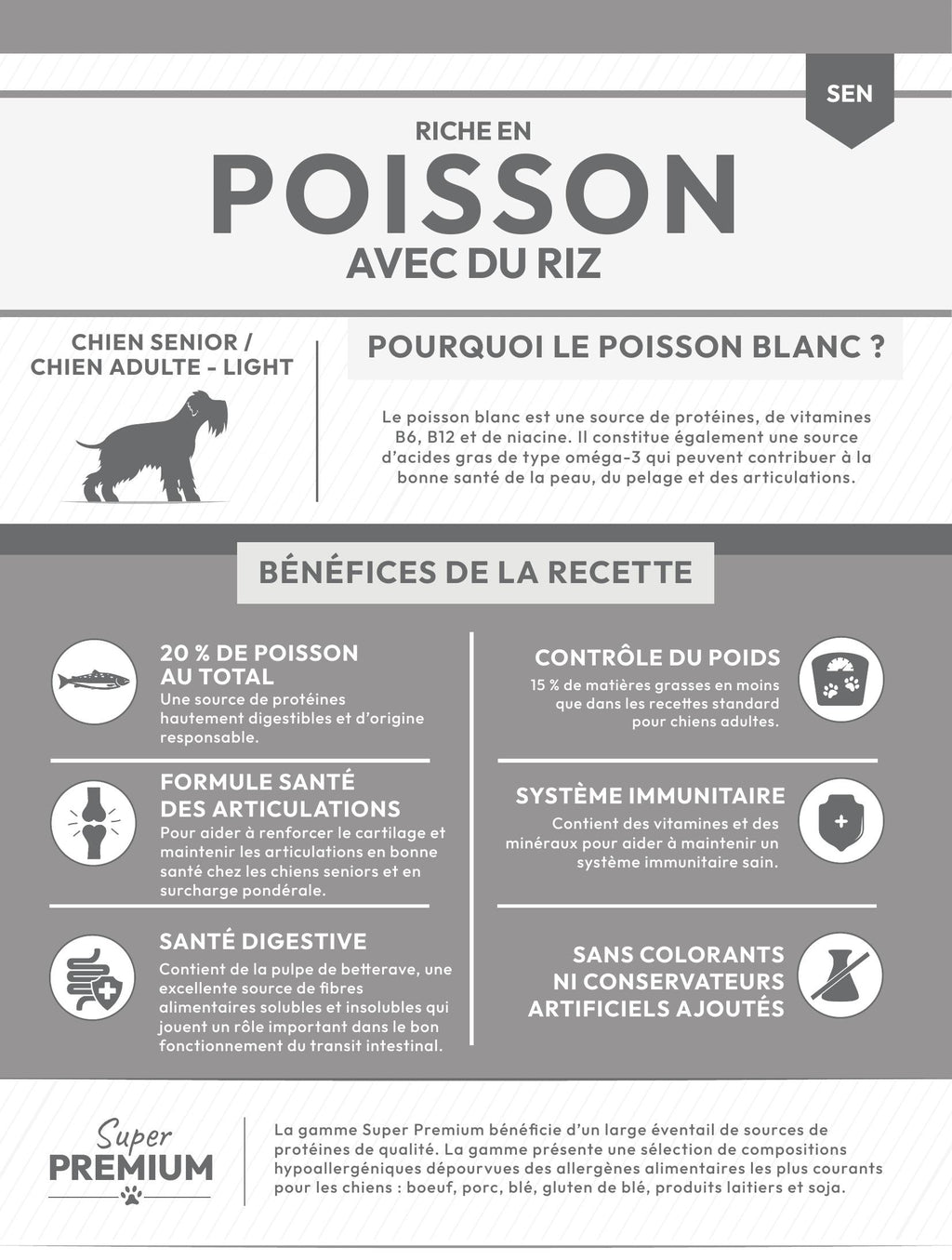 Gamme Super Premium Chien senior / Chien adulte Light Riche en poisson avec du riz 15kg