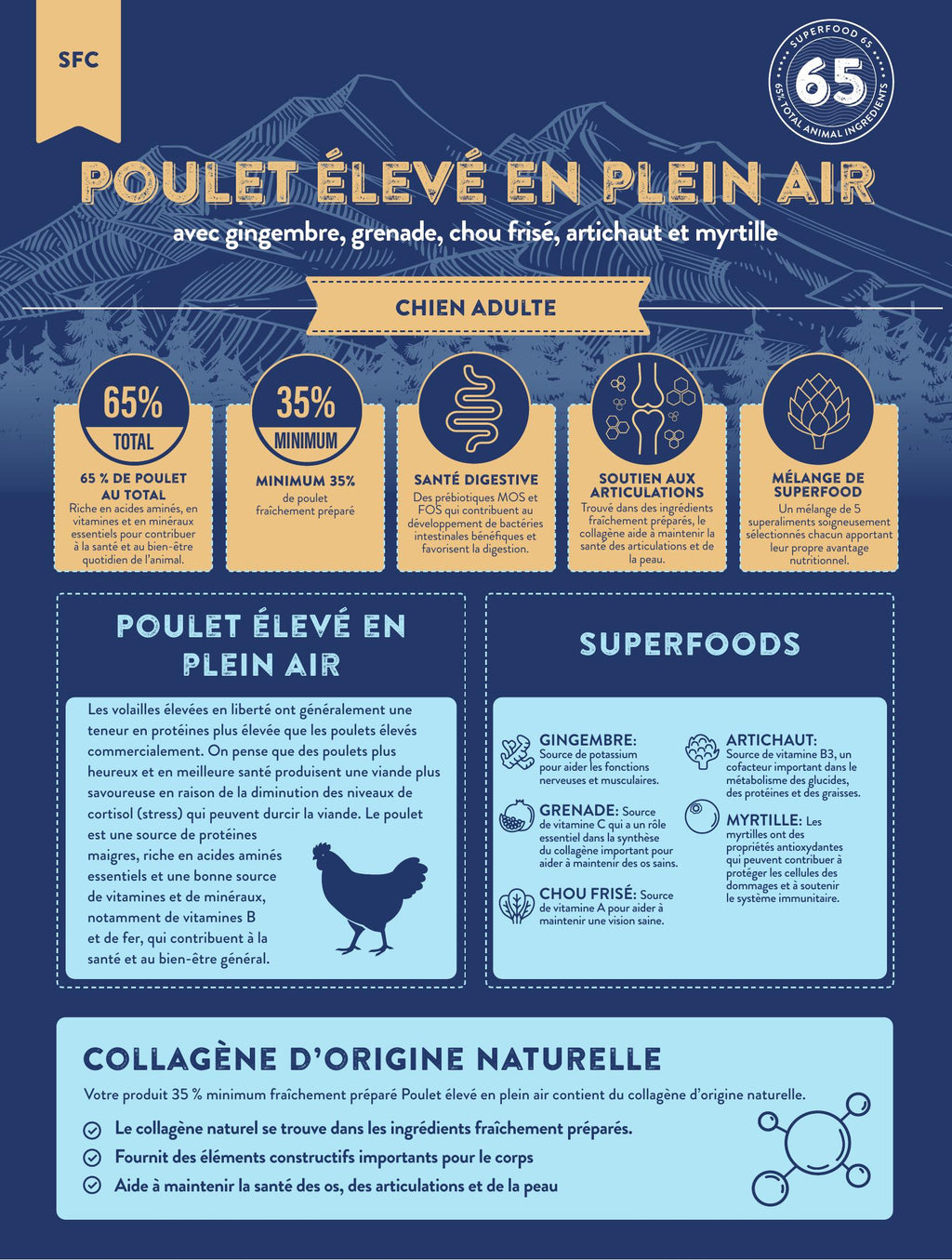 Gamme Superfood 65 Chien adulte Poulet élevé en plein air avec gingembre, grenade, chou frisé, artichaut et myrtille" 6kg