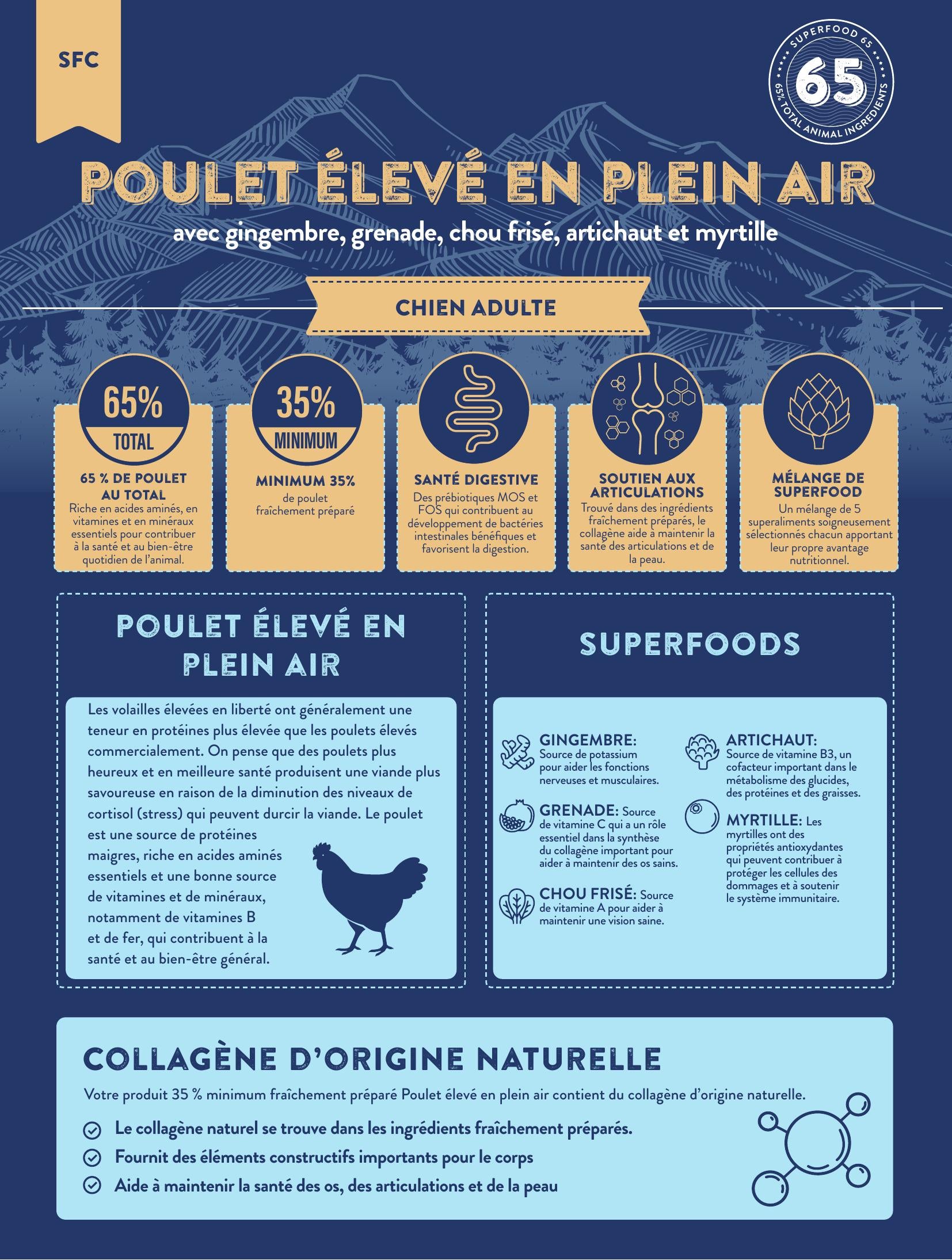 Gamme Superfood 65 Chien adulte Poulet élevé en plein air avec gingembre, grenade, chou frisé, artichaut et myrtille" 6kg